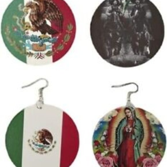 Mexico Culture Wooden Earrings Mexican Heritage Themed Cultural Round Printed - Picture 1 of 9